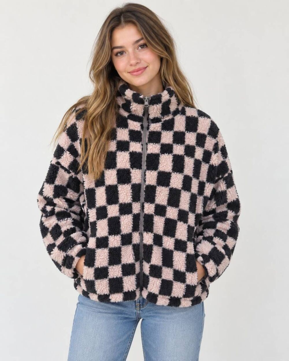 A New Day Women’s Small Tan Black Checkerboard Sherpa Teddy Full Zip Jacket